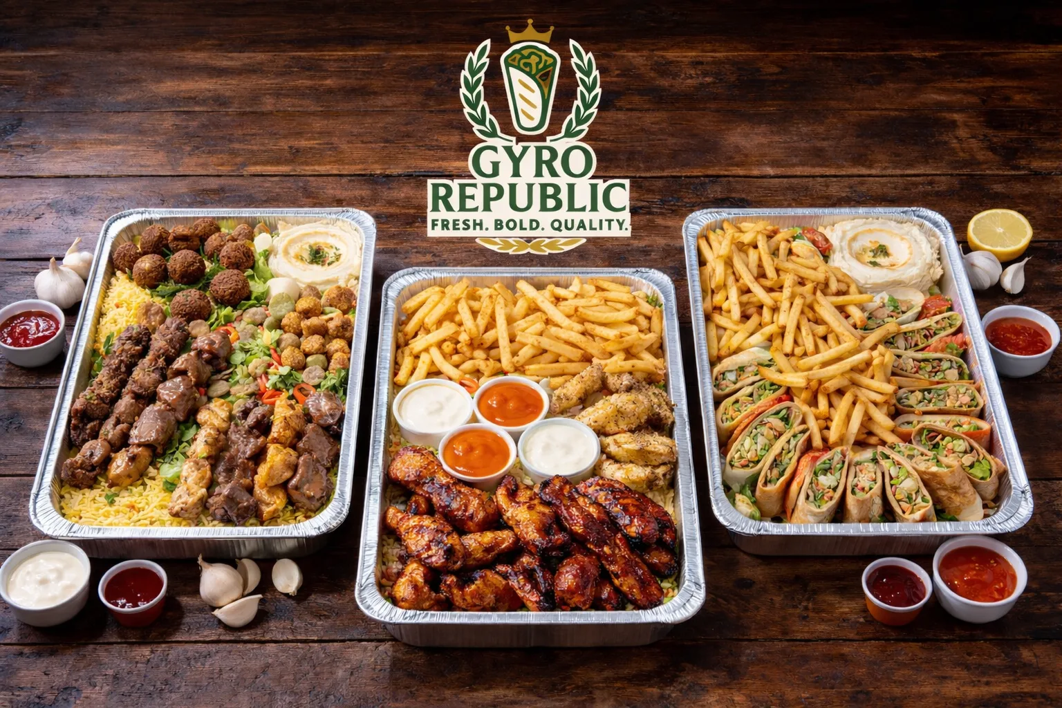 Gyro Republic group catering spread with rice, grilled meats, and sides