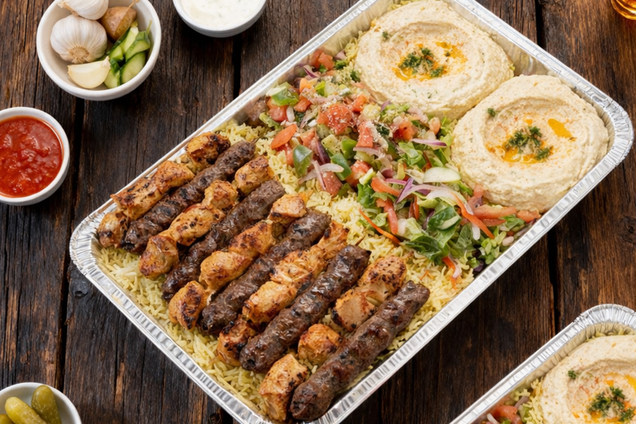 Best Seller BBQ Over rice with side of salad and hummus on