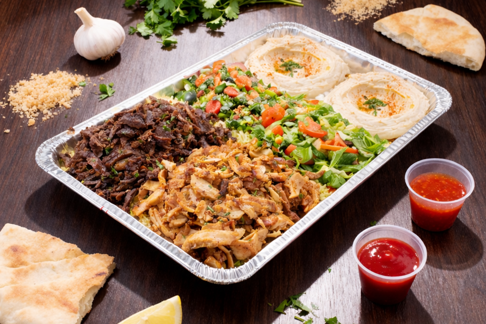 Meat Lover MIx tray over rice with salad and hummus